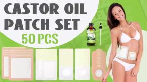 50 Pcs Castor Oil Patches with (8oz) Castor Oil Organic Cold Pressed Unrefined Glass BottleCotton Caster Oil Pack Wrap for Waist Back Neck Arm BellySelf-Adhesive for Convenient Use