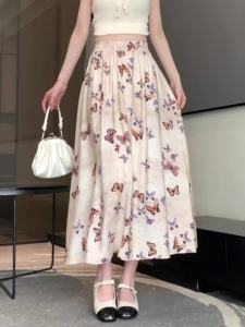 Ammin 2024 mùa hè mới phong cách trung quốc in hình bươm bướm nhòe tính cách thanh lịch eo cao đàn hồi tự nhiên võng A-line Váy trung dài