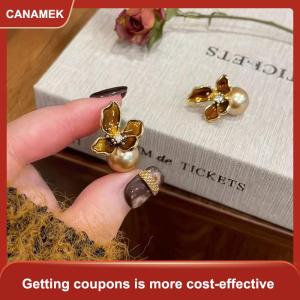 【CANAMEK 】 Vintage Enamel Brown Iris Flower Pearl Earrings For Women Gently Temperament Earrings Fashion Jewelry Accessories Gifts