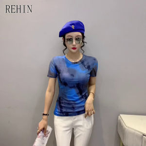 REHIN Womens top halos mudge mesh short sleeve T-shirt S-3XL round neck Slim fit skinny blouse