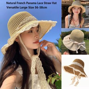 PLLEWY Versatile Natural French Panama Straw Hat Lace Large Size Vacation Sun Protection Hat 56-58cm UV Protection Sunshade Hat