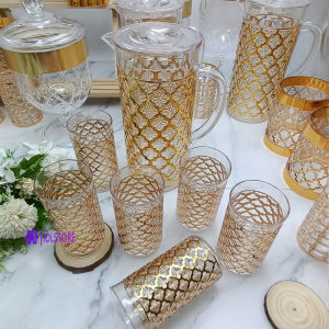 Acrylic Water Jug Pitcher Set 6 pcs Tumbler Crystal Clear Design Golden Square Line Keemasan