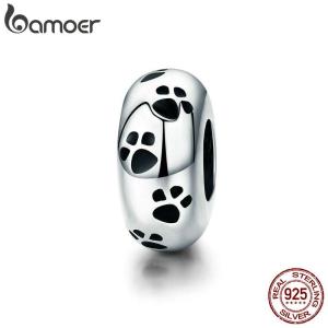 BAMOER Free Shpping 100% 925 Sterling Silver Dog Animal Footprint Spacer Beads fit Charm Bracelet & Necklace DIY Jewelry SCC594