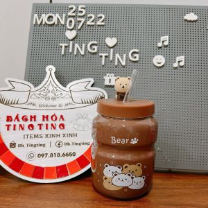 Bình nước sứ 500ml hình gấu kèm nắp silicon đính gấu ngộ nghĩnh có ống hút thủy tinh Ly nước sứ dễ thương _ TingTing