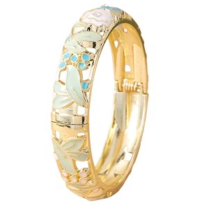 ONERVGY Enamel Floral Vintage Cloisonne Bangle Colorful Traditional Womens Hand Bracelet Elegant Classic Flower Crystal Bangle Ladies