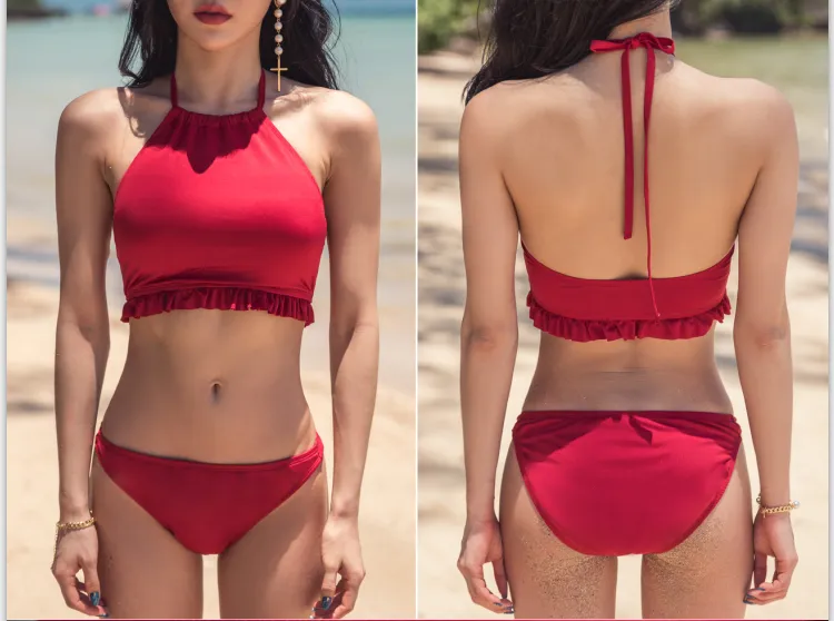 Free shipg] Korean Swimsuit Women's Conservative Triangle Split Bikini  Classic Style Thin and Small Chest Gathering Swimwear gift