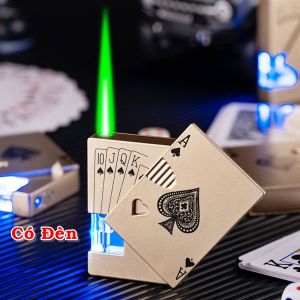 Bật Lửa Hộp Quẹt Gas Khò Lộ Thiên Lá Bài Mạ Vàng Có Đèn Led Mẫu Độc Lạ -Tia Lửa Xanh Chống Gió