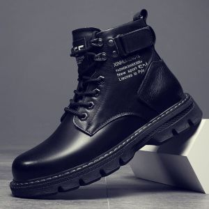 Men Black Martin Boots Fashion Casual High Cut Shoes British PU Leather Ankle Boots Comfortable Anti-slip and Waterproof