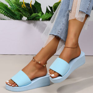 [Free Shipping] New Summer Womens Shoes Korean Style Thick-Soled High-Heeled Candy-Colored Platform Wedge Sandals Womens Slippers