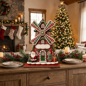 BLACKON 2D Flat Wooden Christmas Windmill House Ornament Freestanding Multi‑Color Christmas Village Decoration Creative Exquisite Holiday Wooden Centerpiece Home Decoration