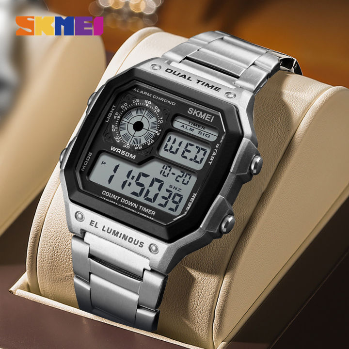 SKMEI Watch for Men Business Vintage Stainless Steel Digital Watch