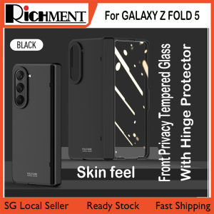 【🔥SG SELLER🔥】RICHMENTGADGET GALAXY Z FOLD 5 Z FOLD5 ZFOLD5 Extra-Thin Luxury Full Coverage Hinge Protection Magnetic Hinge Cover Protection Slim Fit Hard PC + PU Protective Phone Case Slim Case Built-in Privacy Tempered Glass Screen Protector