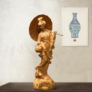 Girl with an Umbrella - Exquisite Wooden Handmade Craft Statue Beautiful Wood Carving of a Classical Chinese Style Beauty Perfect for Home Decor Adding Elegance and Cultural Charm to Any Space