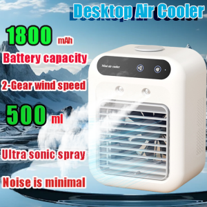 (3 years warranty) Mini Air Cooler USB Charging 1800mAh Small Air Conditioner Fan 2 Spout Humidifier Desktop Water Cooling Fan Home Dormitory Office Camping Mobile Fan