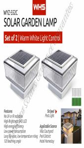 WHS Solar Fence Post Light Set of 2 Solar Powered Warm White LED Garden Deck Pillar Outdoor Lamp