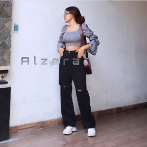 alzera~Celana Kulot Jeans Wanita Sobek Highwaist Loose Repped Panjang Hitam Fashion