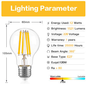 Bóng Đèn LED Edison Độ Sáng Cao E27 12W Bóng Đèn A19 Màu Trắng Ấm 2700K Bóng Đèn Có Thể Điều Chỉnh Độ Sáng Đèn Tiết Kiệm Năng Lượng 90% Cho Đèn Chùm Thay Thế