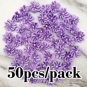 【Limited Quantity】 50pcs/pack 2.8cm Satin Ribbon Flowers With Crystal Bows Rose For Craft Sewing Wedding Appliques Crafts Decoration