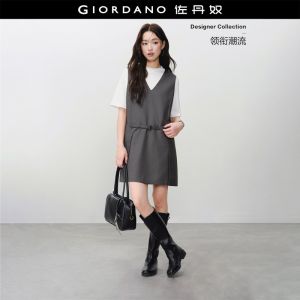 GIORDANO Women Dresses V-Neck Belted Waist Suit Dresses Sleeveless Elegant Fashionable Casual Vest Mini Dresses 18466620