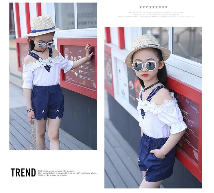 Girls Sets Summer New Baby Kids Fashion Shoulderless T-shirt + Short Pants  2PC Girls Clothes Suits Cute Outfits 6 8 10 12 Years