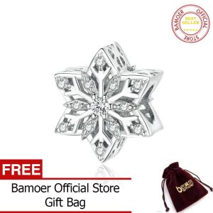 BAMOER Shiny Snowflakes Metal Beads for Women Jewelry Making 925 Sterling Silver Charm fit Silver women DIY Bracelet BSC368