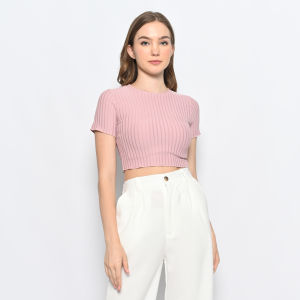 QUEENTIN Kaos Wanita Crop 0104 Stretch Hornet Knit Polos Lengan Pendek
