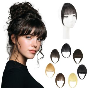 Human Hair Clip in Bangs Black Soft Layered Curved French Fake Bangs Hair Fringe with Temples Hairpieces for Daily Wear