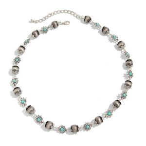 TKNUS Rhinestone Flowers Beads Choker Necklace Bohemian Luxury Imitation Turquoise Clavicle Chain Vintage Handmade Y2K Neck Jewelry for Women