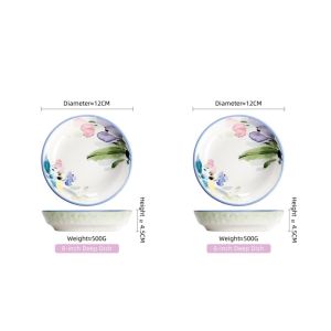 OMK American Style Underglaze Ceramic Deep Dish Dinner Plate Set Salad Bowl Double Ear Fruit Plate Tableware Set Morning Glory Design Theme