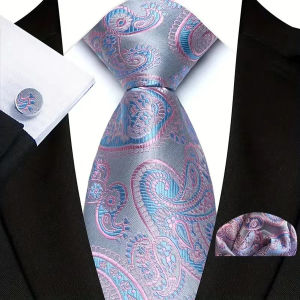 3Pcs Pink Color Mens Tie Pocket Square Cufflinks Set Jacquard Floral Plaid Solid 8CM Necktie for Male Wedding Business Party