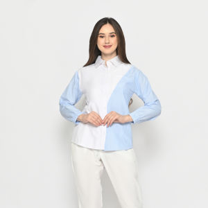 QUEENTIN Kemeja Comby Wanita 0312 Katun Woven Polos Kombinasi Polymicro Motif Salur Lengan Panjang
