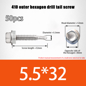 50/100Pcs 410 Stainless Steel Self-Drilling TEK Screws #12 Hex Head Self-Drilling Screws for Metal