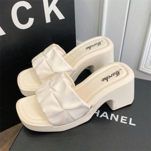 รองเท้าแตะส้นสูงของผู้หญิงทันสมัย ดีไซน์หัวเหลี่ยม รองเท้าแตะเปิดนิ้ว 36-41 หลา มี 5 สีให้เลือก