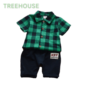 TREEHOUSE shirt for kids boys set High-quality cotton plaid short-sleeved top + shorts two-piece casual baby boy clothing set