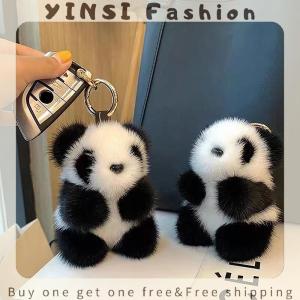 YINSI Small Panda Plush Women Bag Ornaments Cute Imitation Mink Fur Panda Car Keychain
