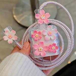HBESTY Crystal 3D Flower Fruits Charging Data Cable Protector Winder Accessories For iPhone 18/20w Cartoon Charger Protective Cover