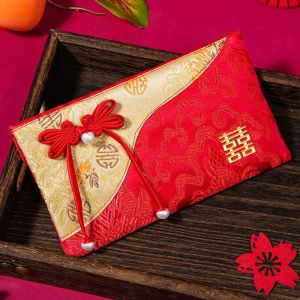 HUANG Embroidery Brocade Red Envelop Best Wishes Blessing Words Red Pockets Large Capacity Tassel Wedding Chinese New Year