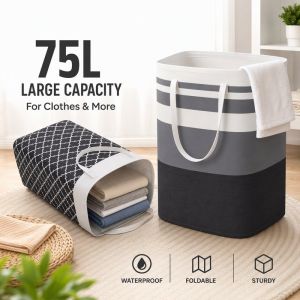75L Waterproof Canvas Laundry Basket Foldable Large Capacity Clothes Storage Portable Home Camping Bin