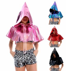 DOWNA sáng bóng Áo choàng ngắn có mũ Cosplay Da PU Đảo Carnival Chất lượng Màu đơn sắc Áo choàng tử thần Tiệc Halloween