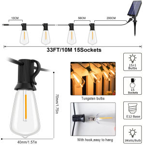ST38 solar lights with solar panel 1W 220V Plastic Shatterproof Garland Mini Ball Lamp E12 Base 2200K PET Edison Light Bulbs Street Garland Outdoor Replacement Lamp