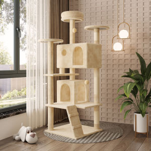 Cat Tree with Cat Condo and Hammocks Cat Tower with Scratching Posts for Indoor Cats Activity Centre Climbing Tree  with Playful Toy Balls Beige Grey