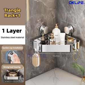 [OKLIFE®]No Drill Corner Shower Caddy Suction Cup Bathroom Storage Rack with Hooks for HDB Bathroom