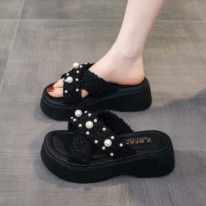 [Free Shipping] WomenS Wedge Sandals For Outdoor Wear Thick-Soled Height-Increasing Beaded Flip-Flops Beach Shoes WomenS Thick-Soled Sandals For Outdoor Wear