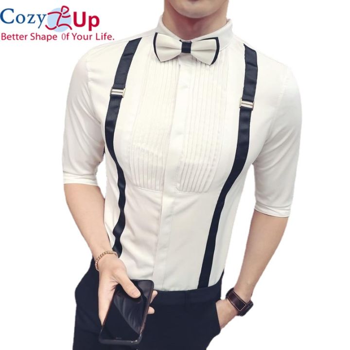 Cozy Up Men Pleat shirt with bowtie men tuxedo shirt black white