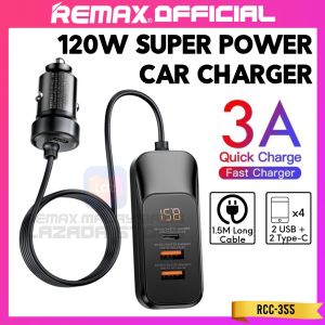 REMAX OFFICIAL 120W Super Power In Car Charger High Speed 3A Super Fast Charging Chager With Extended 1.5 Meter Extra Long Cable Clip On Multi Port USB Type C Adapter LED Digital Display Socket Pengecas Telefon Soket Dalam Kereta Cepat LRRCC355