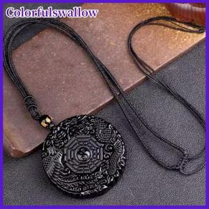 Colorfulswallow Tự Nhiên Màu Đen Obsidian Tay Khắc Trung Quốc Rồng Phoenix Bird Amulet Bagua Vòng Cổ Cho Phụ Nữ Người Đàn Ông May Mắn Linh Vật Amulet Mặt Dây Chuyền