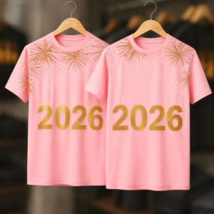 เสื้อยืดพิมพ์ลายสีชมพูประกายพลุสีทองสำหรับปีใหม่2026สำหรับบุรุษและสตรีเสื้อแขนแขนสั้นคอกลมสำหรับปาร์ตี้ปีใหม่อินเทรนด์ S-5XL ขนาดใหญ่สะดวกสบายและระบายอากาศ