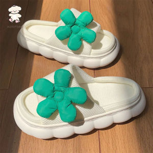 WY-XIXITIAO Fashion Fairy Style Small Green Pattern Slippers Four Seasons Universal Indoor Mute Thick Bottom Female Summer Cotton Slippers