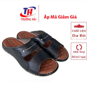 Dép nam quai ngang da bò cao 2cm Trường Hải màu đen may viền DN155