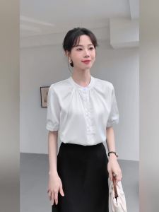 Ammin 2024 mùa hè mới Pháp cổ tròn màu trắng satin đi lại Áo Sơ Mi Nữ Một hàng khuy tay ngắn áo blouse thanh lịch chuyên nghiệp